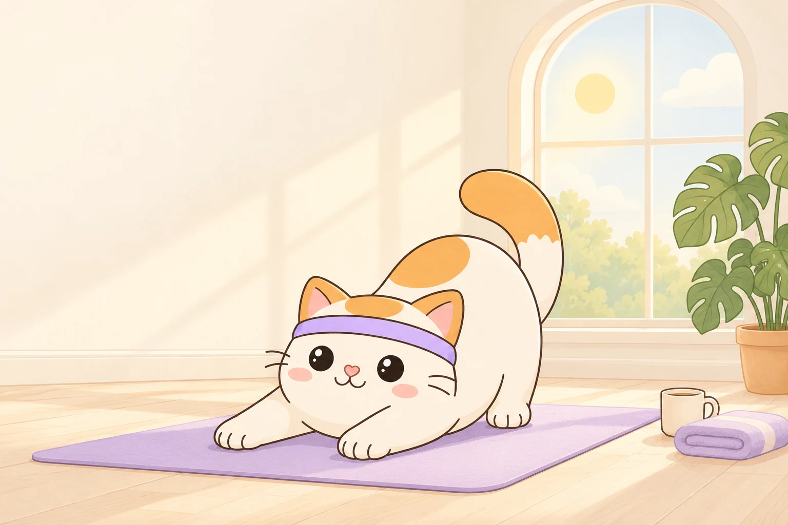Miso stretching on a lavender mat in a sunlit studio