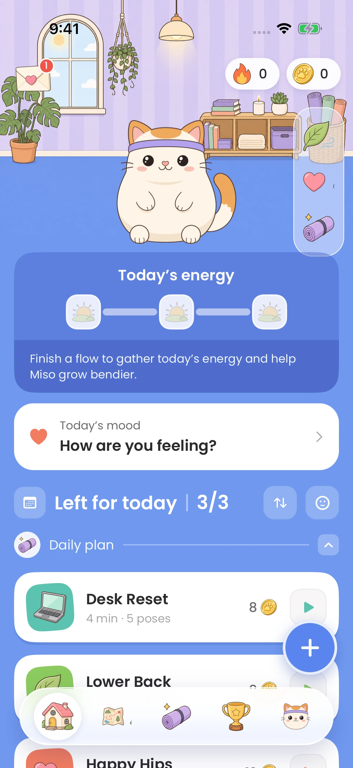 Mewve Today screen with Miso, energy rewards, mood check-in, and a personalized daily plan